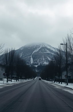 A gloomy winter landscape featuring dull, cold streets, with lifeless, naked trees lining a mountain