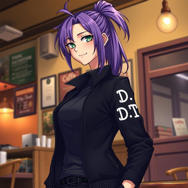 A light novel cover featuring a tall female character with striking purple hair styled in a high ponytail and captivating emerald eyes