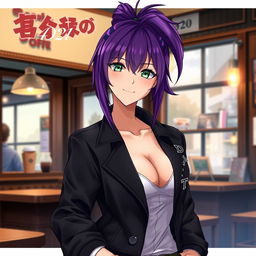 A light novel cover featuring a tall female character with striking purple hair styled in a high ponytail and captivating emerald eyes