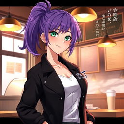 A light novel cover featuring a tall female character with striking purple hair styled in a high ponytail and captivating emerald eyes