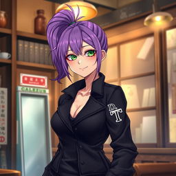 A light novel cover featuring a tall female character with striking purple hair styled in a high ponytail and captivating emerald eyes