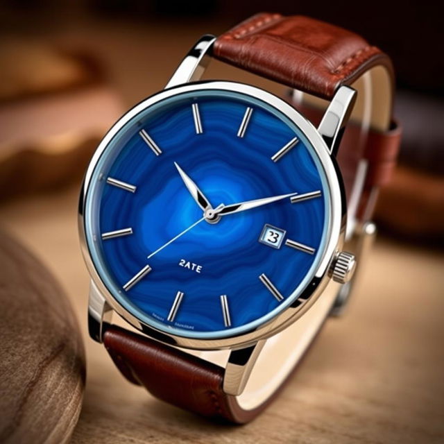 A stylish men's wristwatch inspired by blue agate stone, featuring a round watch face with beautiful swirling patterns resembling the natural texture of blue agate