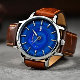 A stylish men's wristwatch inspired by blue agate stone, featuring a round watch face with beautiful swirling patterns resembling the natural texture of blue agate