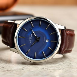 A stylish men's wristwatch inspired by blue agate stone, featuring a round watch face with beautiful swirling patterns resembling the natural texture of blue agate