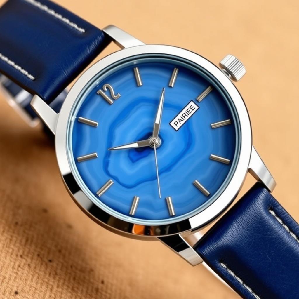 A stylish men's wristwatch inspired by blue agate stone, featuring a round watch face with beautiful swirling patterns resembling the natural texture of blue agate