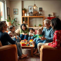 A warm and heartwarming family scene in a modern setting, showcasing family members of different ages joyfully interacting