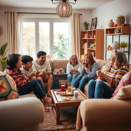 A warm and heartwarming family scene in a modern setting, showcasing family members of different ages joyfully interacting