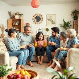 A warm and heartwarming family scene in a modern setting, showcasing family members of different ages joyfully interacting
