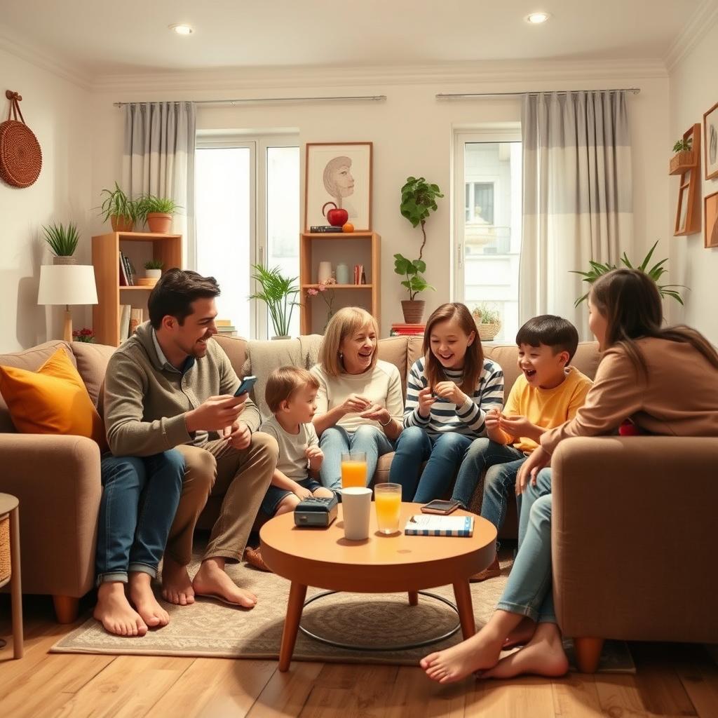 A warm and heartwarming family scene in a modern setting, showcasing family members of different ages joyfully interacting