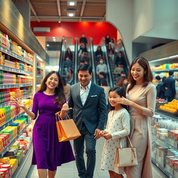 A joyful family enjoying a day at a modern and well-stocked supermarket, with elegantly dressed members engaging in shopping activities