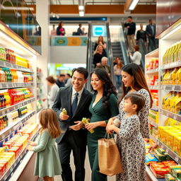 A joyful family enjoying a day at a modern and well-stocked supermarket, with elegantly dressed members engaging in shopping activities