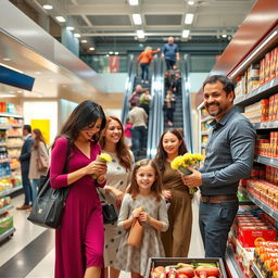 A joyful family enjoying a day at a modern and well-stocked supermarket, with elegantly dressed members engaging in shopping activities