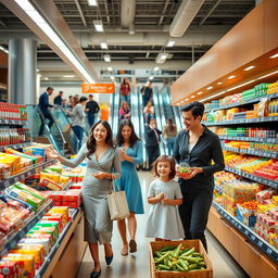 A joyful family enjoying a day at a modern and well-stocked supermarket, with elegantly dressed members engaging in shopping activities