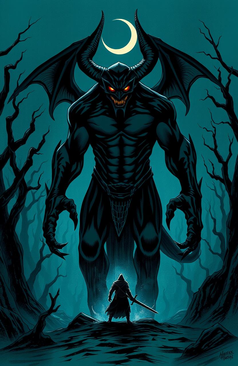 A dark fantasy book cover featuring a 9-foot-tall demon standing ominously in the center