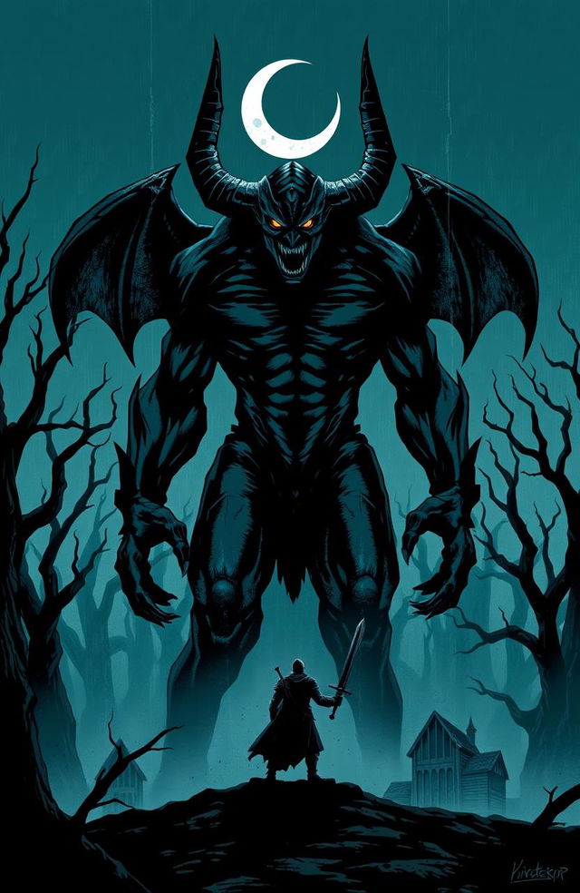 A dark fantasy book cover featuring a 9-foot-tall demon standing ominously in the center