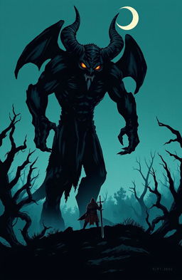 A dark fantasy book cover featuring a 9-foot-tall demon standing ominously in the center