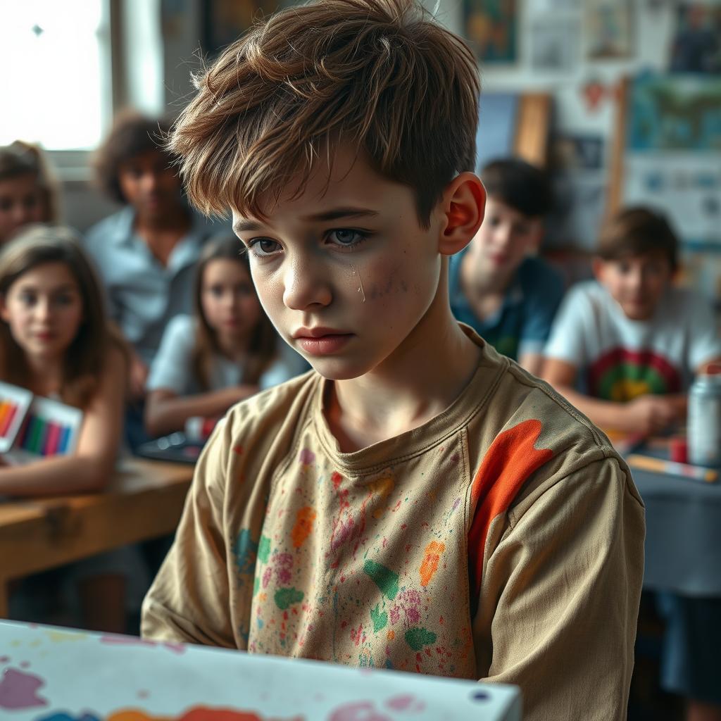 A young artist in a classroom setting, tears streaming down his face as he experiences rejection during an art class