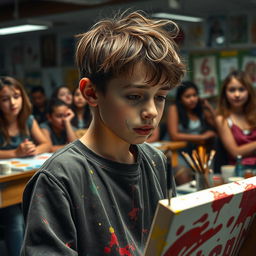 A young artist in a classroom setting, tears streaming down his face as he experiences rejection during an art class