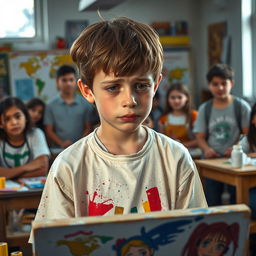 A young artist in a classroom setting, tears streaming down his face as he experiences rejection during an art class