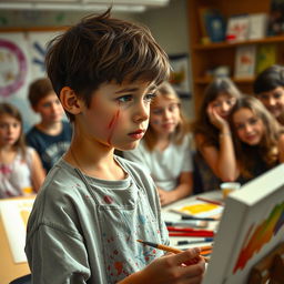 A young artist in a classroom setting, tears streaming down his face as he experiences rejection during an art class