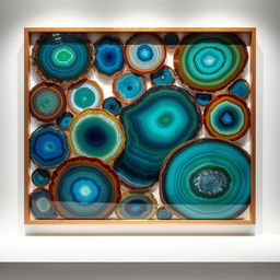 A stunning artwork made of layered agate stone slices, showcasing a vibrant mix of colors and patterns typical of agate
