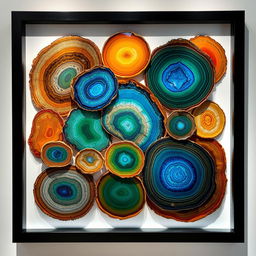 A stunning artwork made of layered agate stone slices, showcasing a vibrant mix of colors and patterns typical of agate