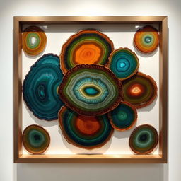 A stunning artwork made of layered agate stone slices, showcasing a vibrant mix of colors and patterns typical of agate