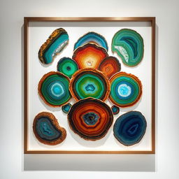 A stunning artwork made of layered agate stone slices, showcasing a vibrant mix of colors and patterns typical of agate