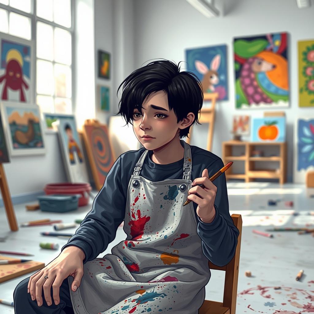 A young artist with black hair, sitting in an art classroom, crying after being rejected