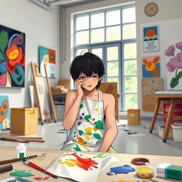 A young artist with black hair, sitting in an art classroom, crying after being rejected