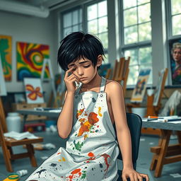 A young artist with black hair, sitting in an art classroom, crying after being rejected