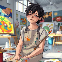 A young artist with black hair, sitting in an art classroom, crying after being rejected