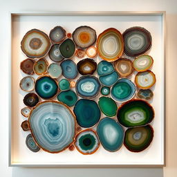 An abstract and minimalist artwork created from cut agate stone slices in various shapes, arranged meticulously to form a captivating design
