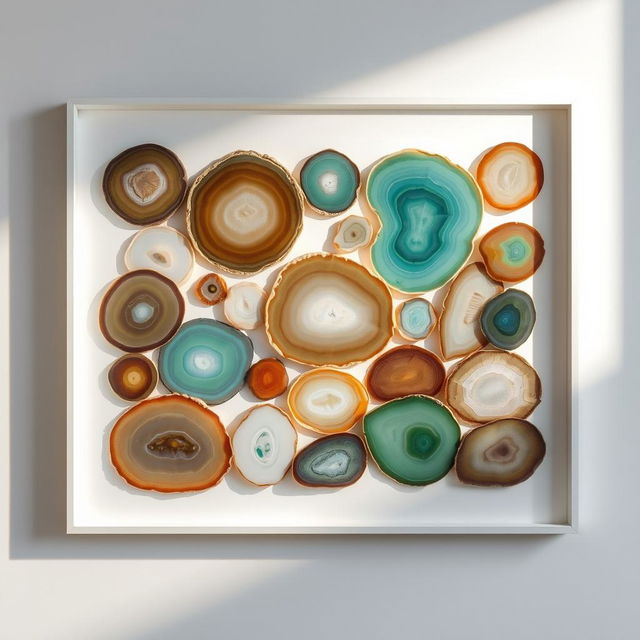 An abstract and minimalist artwork created from cut agate stone slices in various shapes, arranged meticulously to form a captivating design