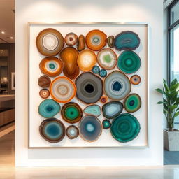 An abstract and minimalist artwork created from cut agate stone slices in various shapes, arranged meticulously to form a captivating design