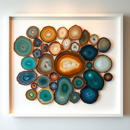 An abstract and minimalist artwork created from cut agate stone slices in various shapes, arranged meticulously to form a captivating design