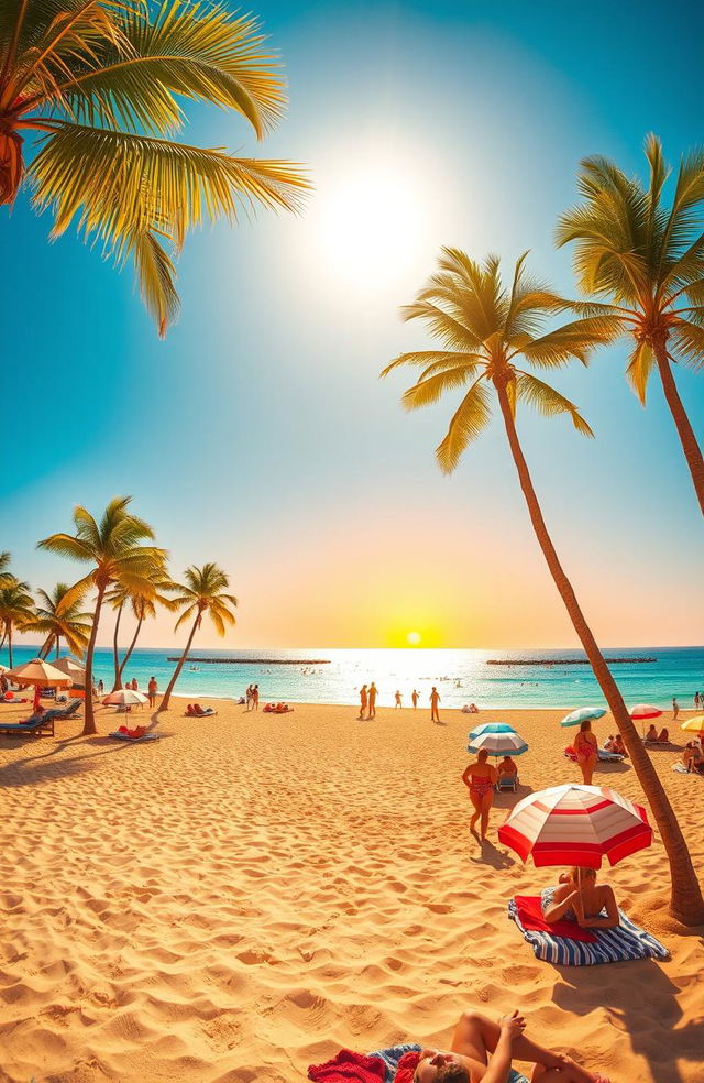 An endless summer scene, depicting a vibrant beach landscape with golden sands, crystal clear blue waters, and a bright sun shining in a cloudless sky