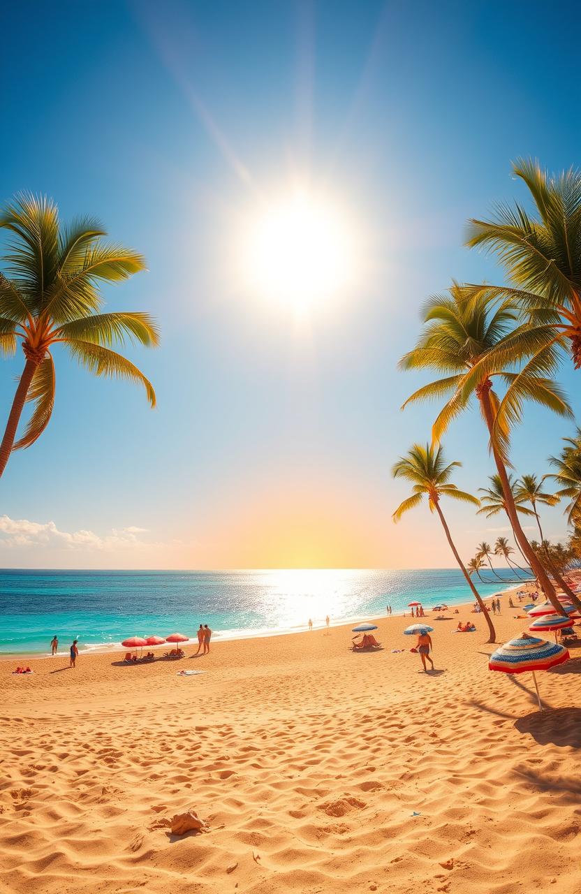 An endless summer scene, depicting a vibrant beach landscape with golden sands, crystal clear blue waters, and a bright sun shining in a cloudless sky