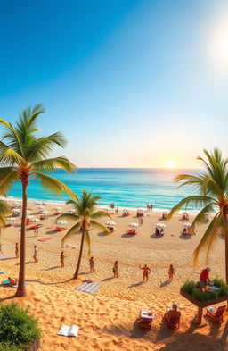 An endless summer scene, depicting a vibrant beach landscape with golden sands, crystal clear blue waters, and a bright sun shining in a cloudless sky