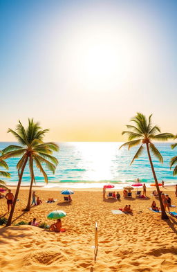 An endless summer scene, depicting a vibrant beach landscape with golden sands, crystal clear blue waters, and a bright sun shining in a cloudless sky