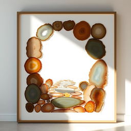 An abstract and minimalist artwork depicting a passageway made from cut agate stone slices in various shapes
