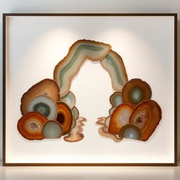 An abstract and minimalist artwork depicting a passageway made from cut agate stone slices in various shapes