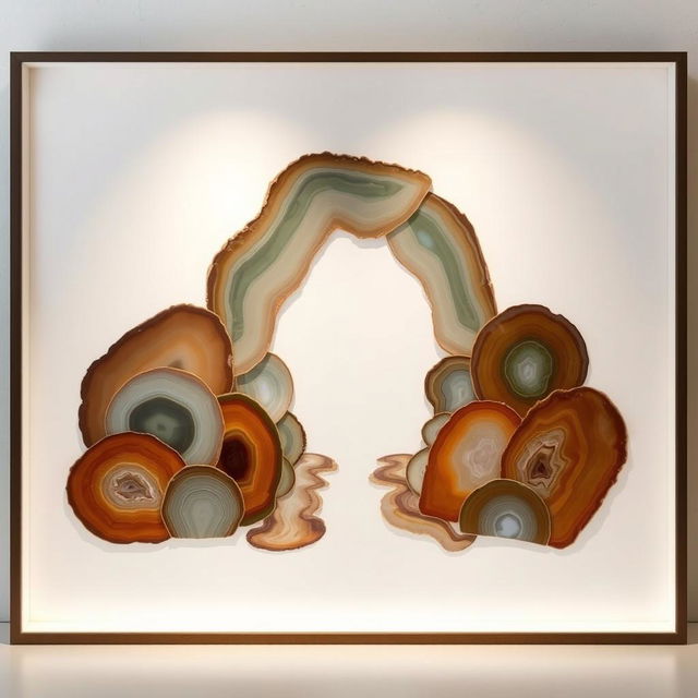 An abstract and minimalist artwork depicting a passageway made from cut agate stone slices in various shapes