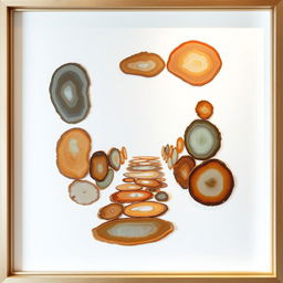 An abstract and minimalist artwork depicting a passageway made from cut agate stone slices in various shapes