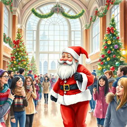 A watercolor painting depicting a cheerful Santa Claus entering a grand college hall, filled with students in festive attire