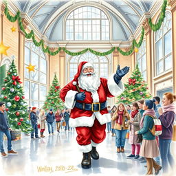 A watercolor painting depicting a cheerful Santa Claus entering a grand college hall, filled with students in festive attire