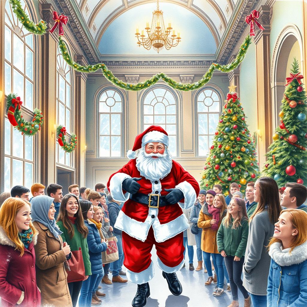 A watercolor painting depicting a cheerful Santa Claus entering a grand college hall, filled with students in festive attire