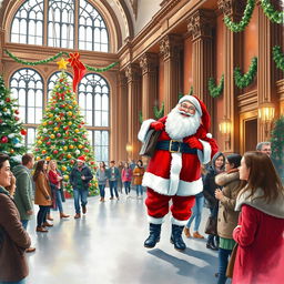 A watercolor painting depicting a cheerful Santa Claus entering a grand college hall, filled with students in festive attire