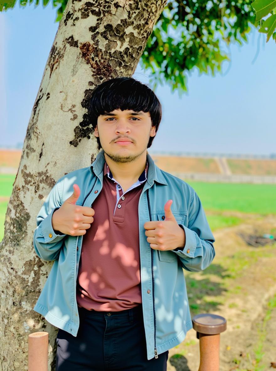 A young man standing casually against a tree in a lush green field