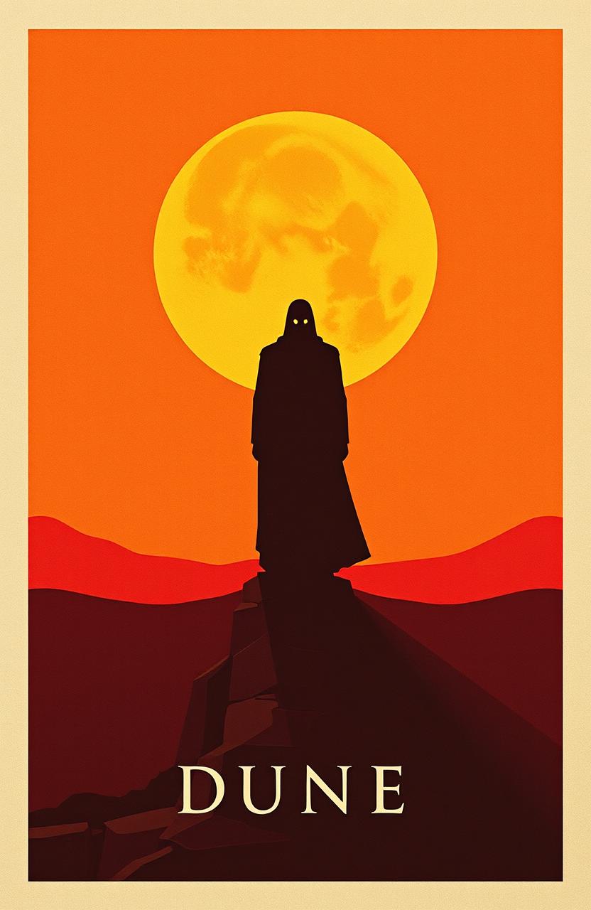 A book cover design inspired by Dune, featuring a dramatic and minimalistic aesthetic